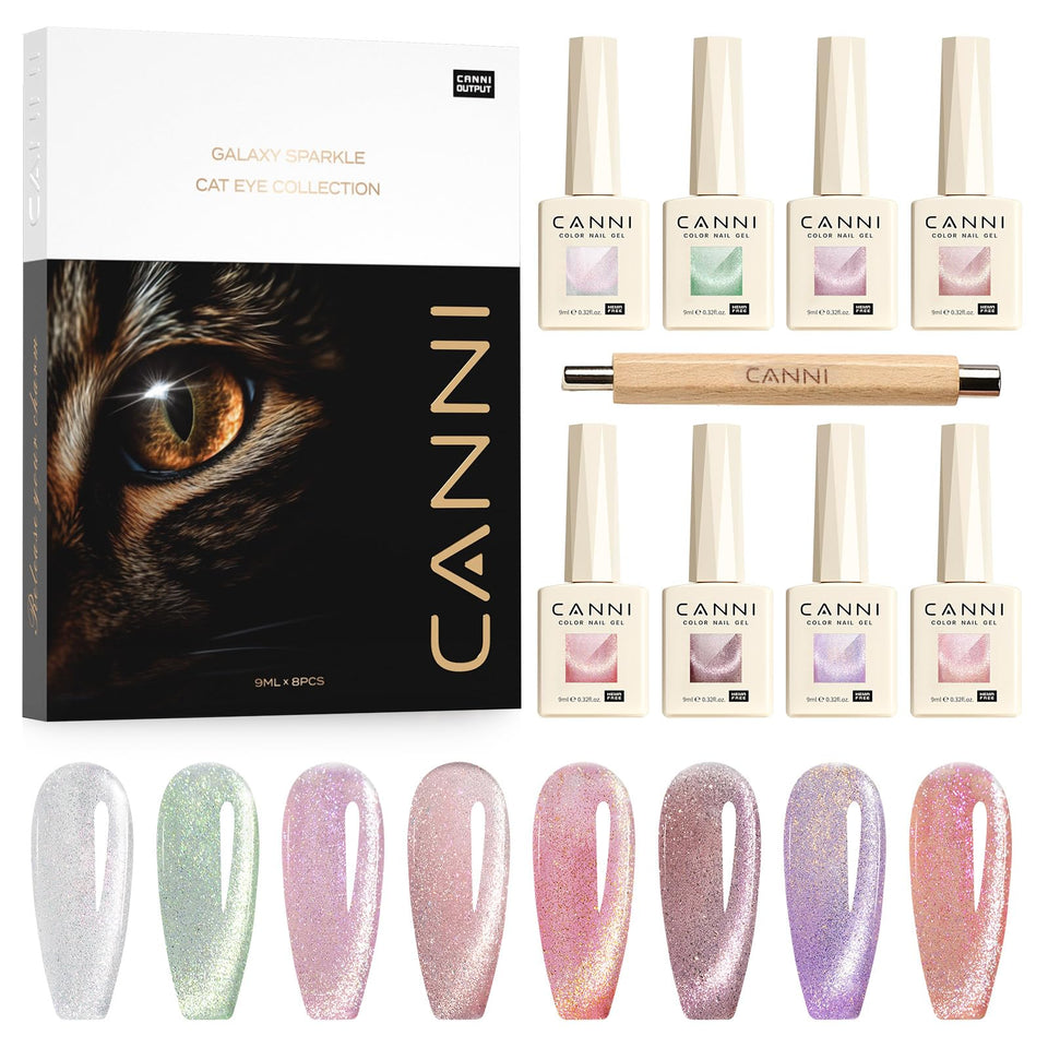 CANNI front packaging showing all eight cat-eye gel bottles, easy color selection benefit
