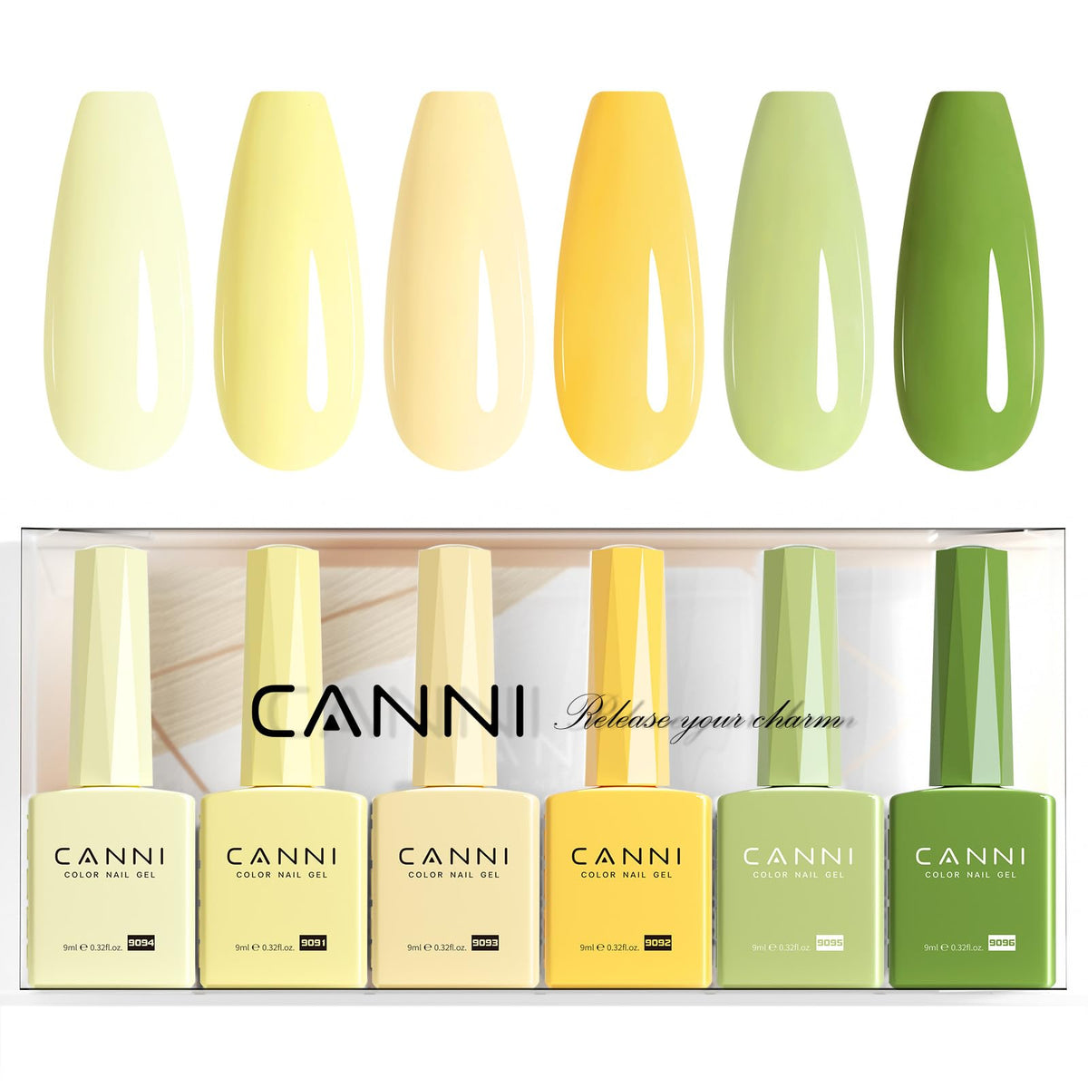 CANNI front packaging showing six pastel yellow and green gel bottles for easy selection