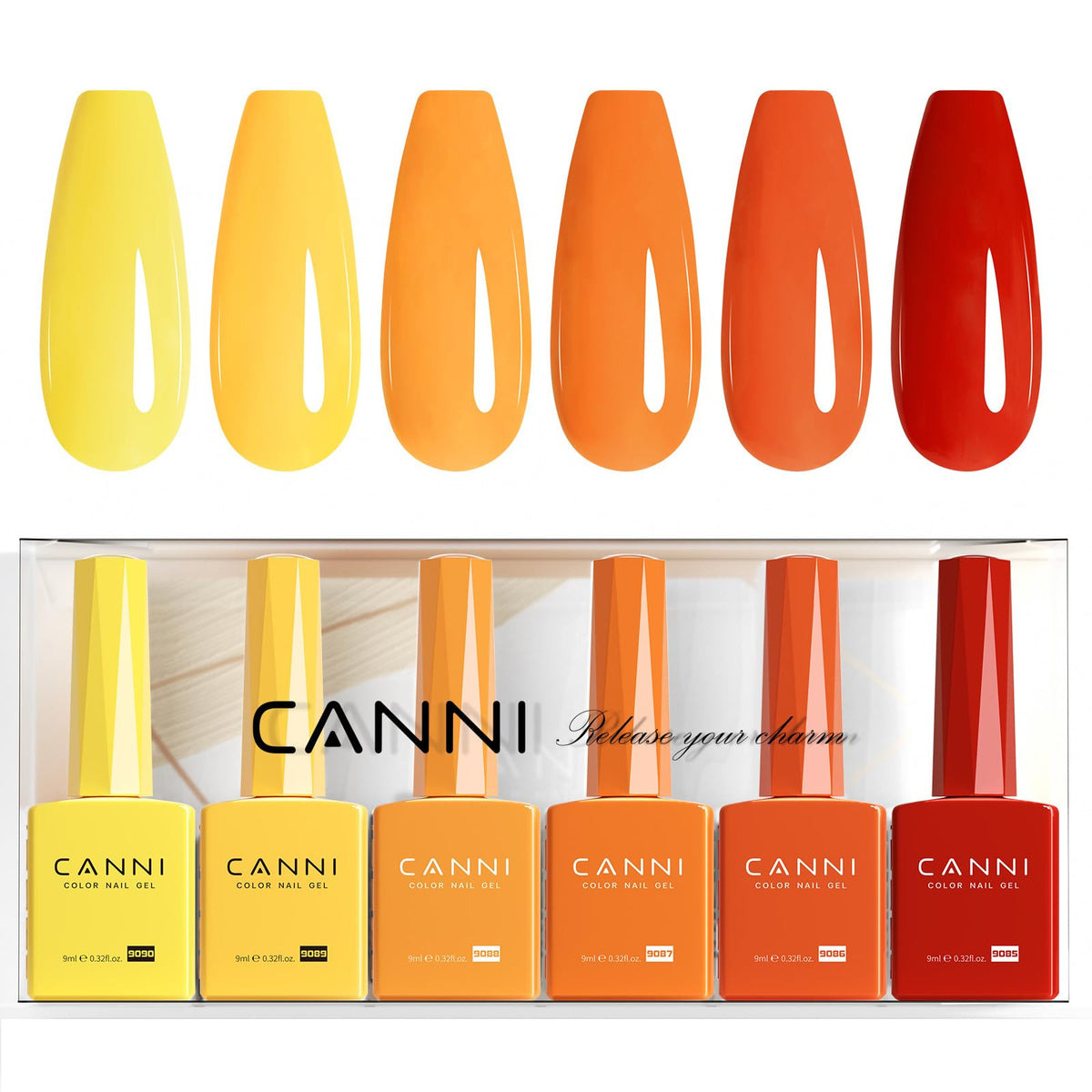 CANNI front packaging showing six fall gel polish colors and easy selection benefit