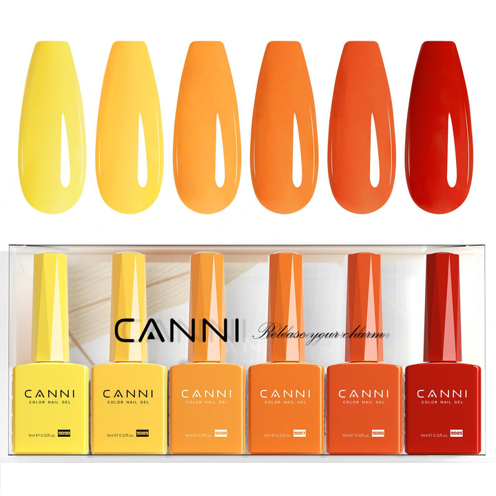CANNI front packaging showing six fall gel polish colors and easy selection benefit