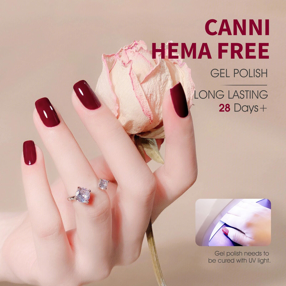 CANNI curing under LED lamp showing quick hardening and lasting wear benefit