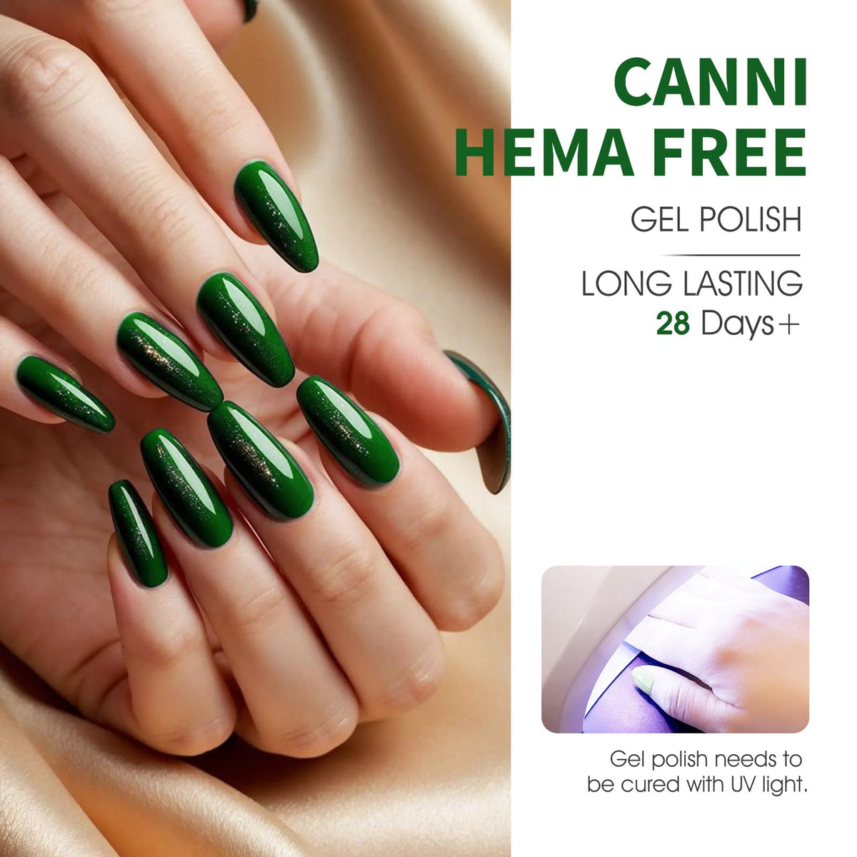 CANNI polished nails in green shades on hand, long-lasting glossy finish benefit