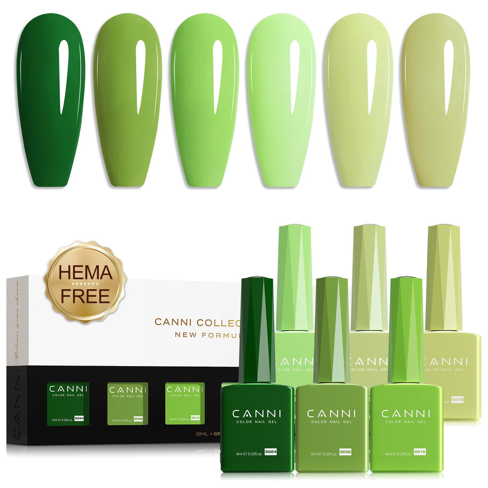 CANNI front packaging showing six green gel bottles, clear color preview benefit