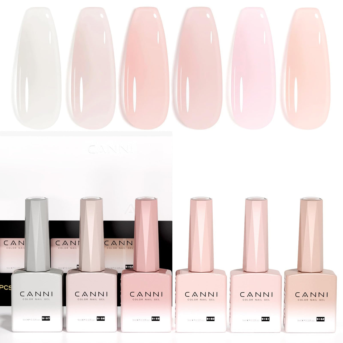 CANNI front packaging showing six jelly nude pink gel bottles for easy shade selection