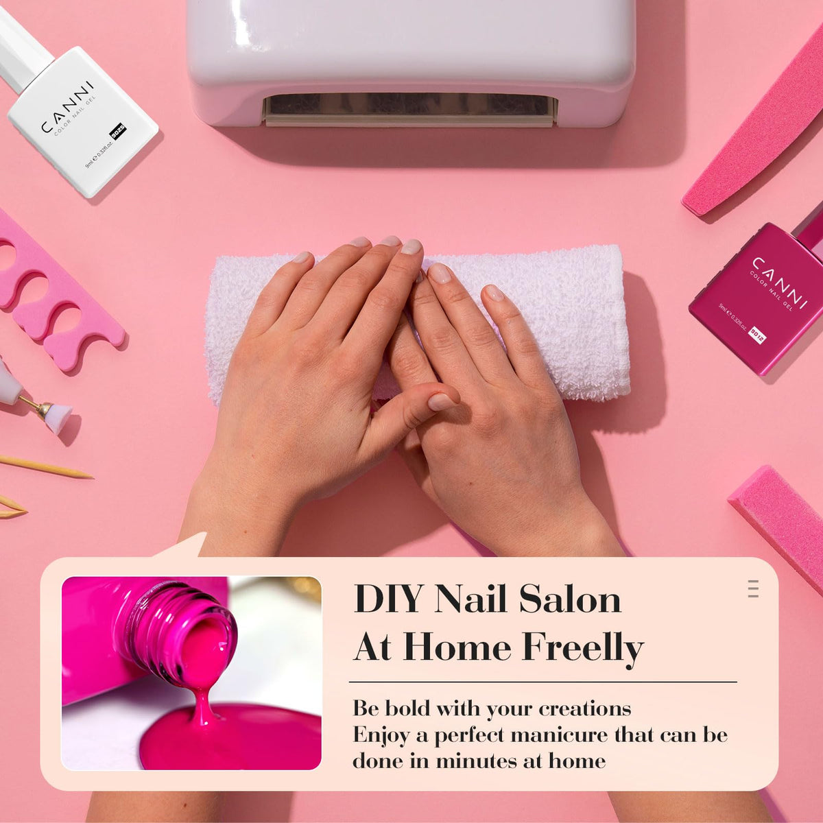 CANNI lifestyle desk display with tools for at-home DIY manicure convenience