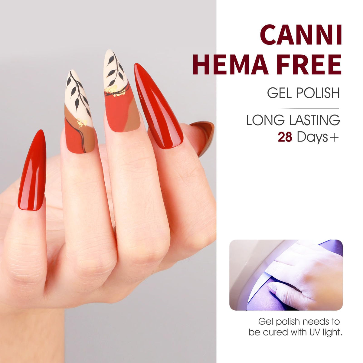 CANNI manicure on a hand model cured under lamp benefit: salon finish and long-wear look