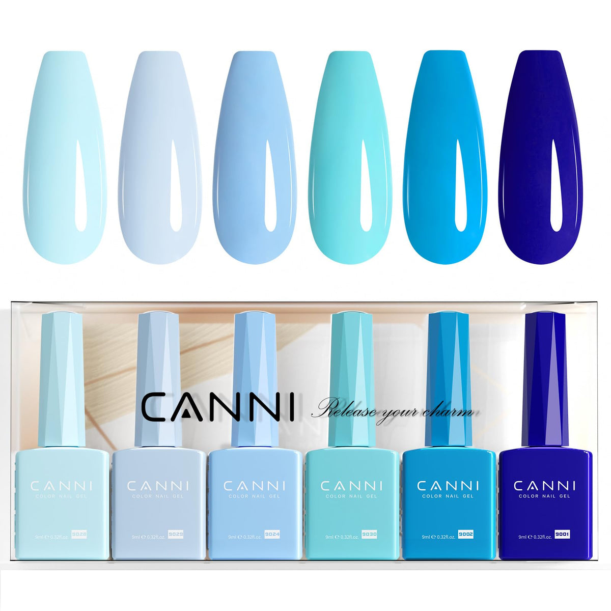 CANNI bottles lined up top view displaying color-matched packaging for quick selection
