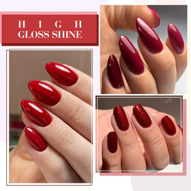CANNI applied on nails handshot showing salon-quality glossy dark red manicure
