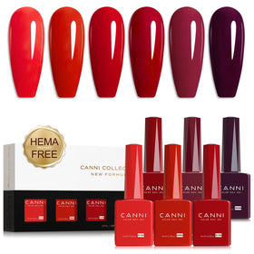 CANNI front packaging showing six red gel bottles and gift-ready box benefit: clear shade preview