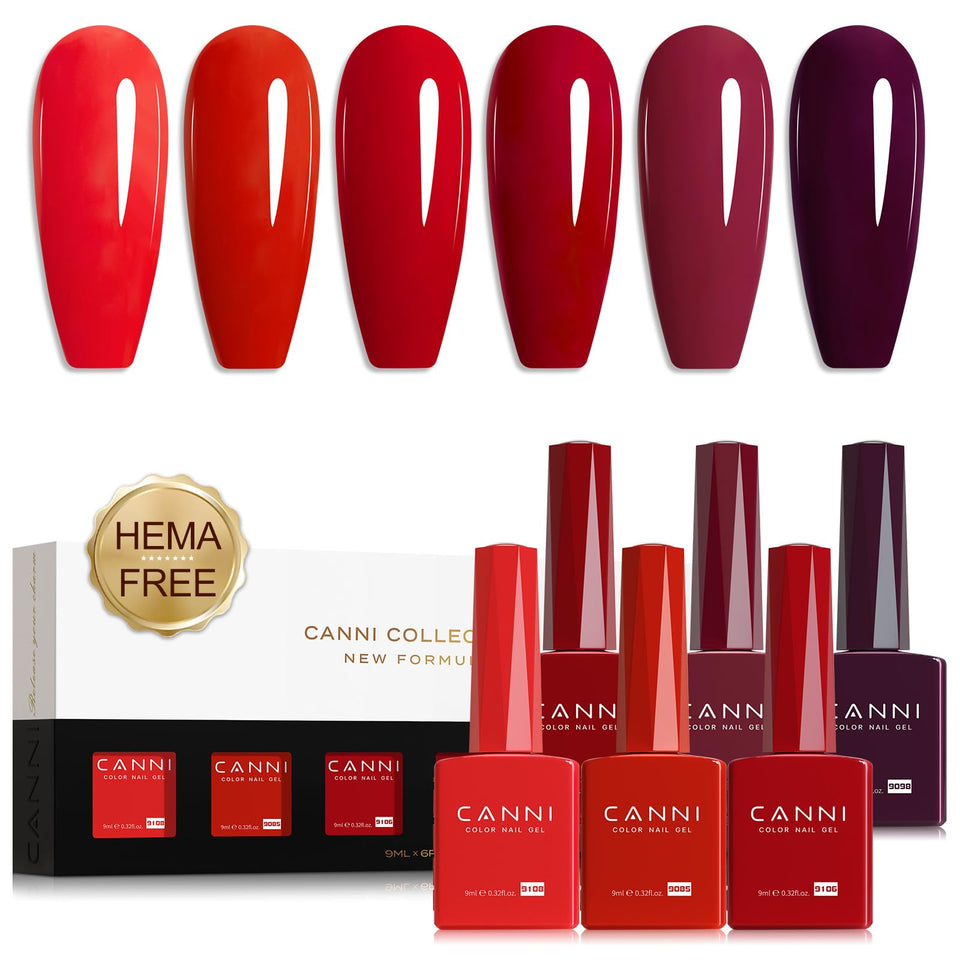 CANNI front packaging showing six red gel bottles and gift-ready box benefit: clear shade preview