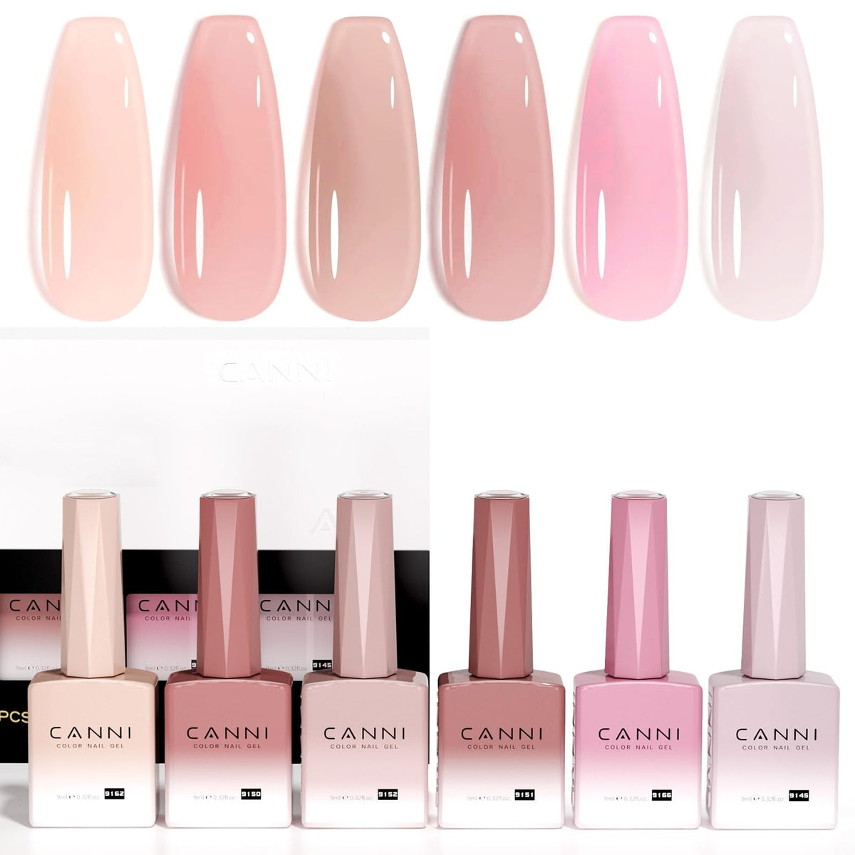 CANNI packaging of six sheer pink gels showing neat kit presentation and easy gifting