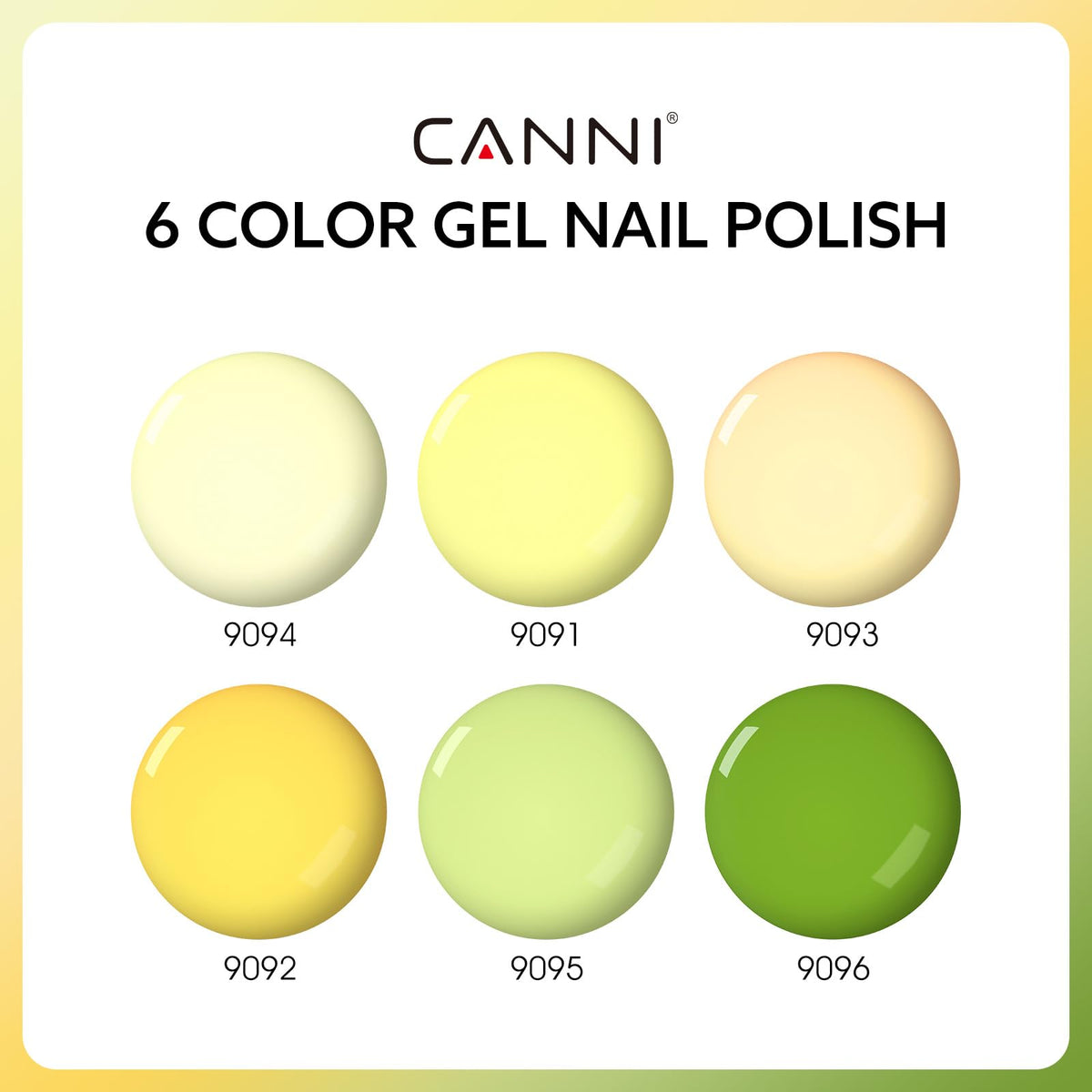 CANNI six color bottles arranged to show pastel yellow, sage, forest and lime for coordinated looks