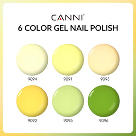 CANNI six color bottles arranged to show pastel yellow, sage, forest and lime for coordinated looks