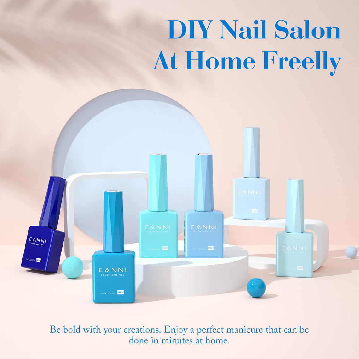 CANNI six bottles arranged to display range of light blue shades for coordinating manicures