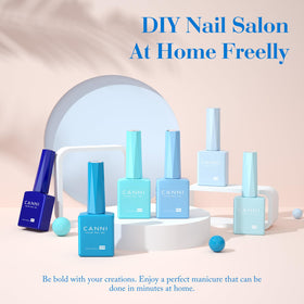 CANNI six bottles arranged to display range of light blue shades for coordinating manicures