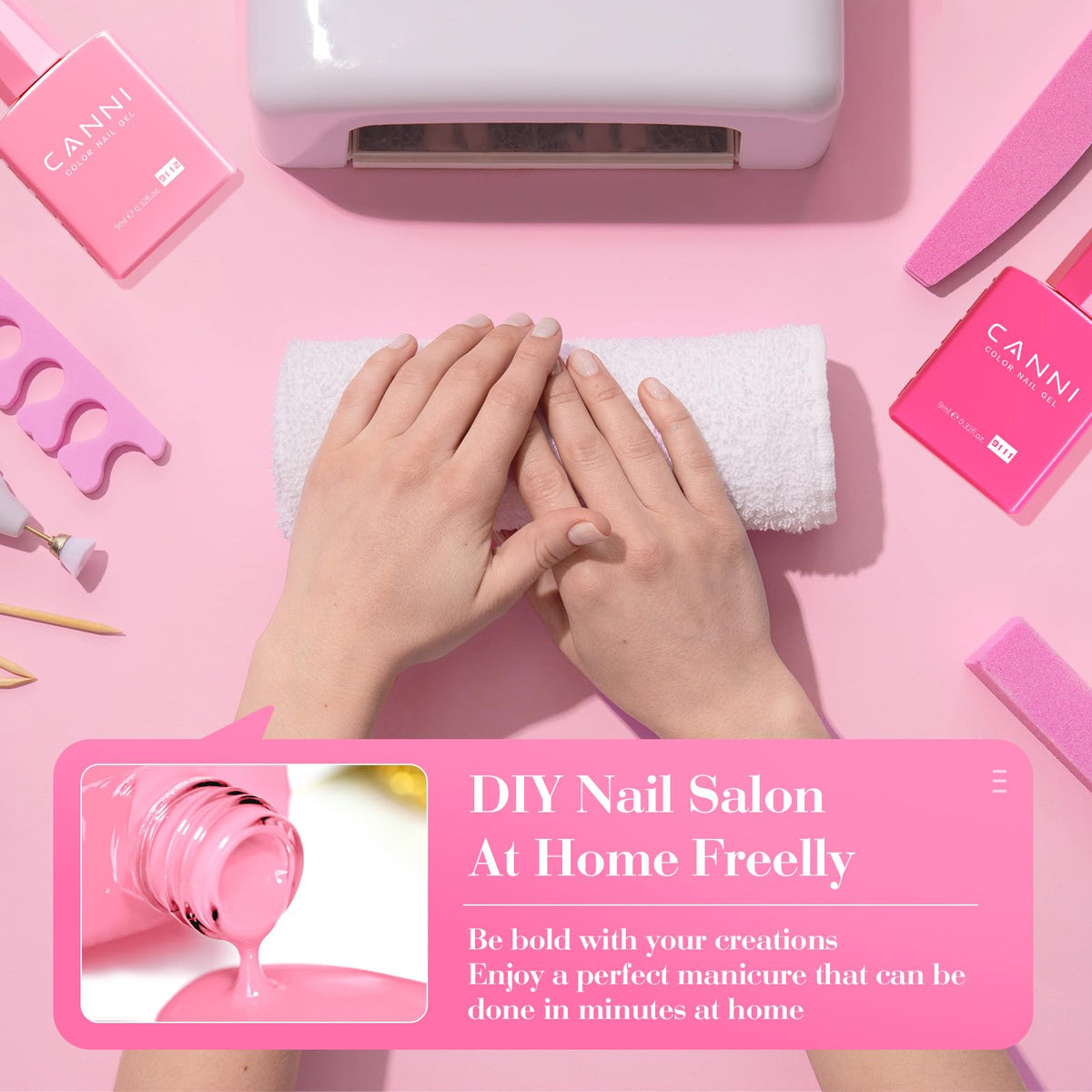 CANNI travel-ready kit staged with lamp and tools for on-the-go manicures
