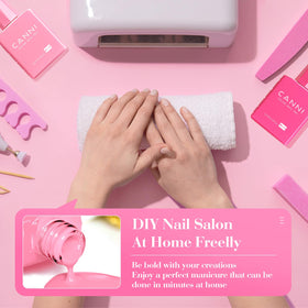 CANNI travel-ready kit staged with lamp and tools for on-the-go manicures