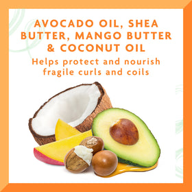 Cantu ingredient flatlay with shea mango coconut avocado highlighting hydration