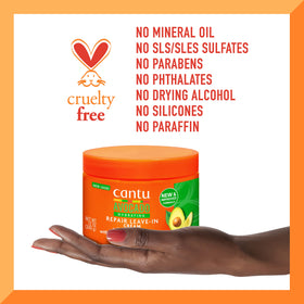 Cantu label close-up listing avocado, aloe, and shea ingredients