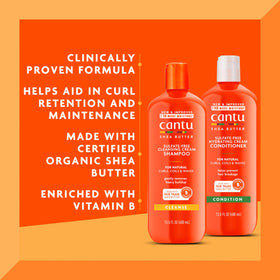Cantu conditioner being poured from bottle showing moisturizing consistency