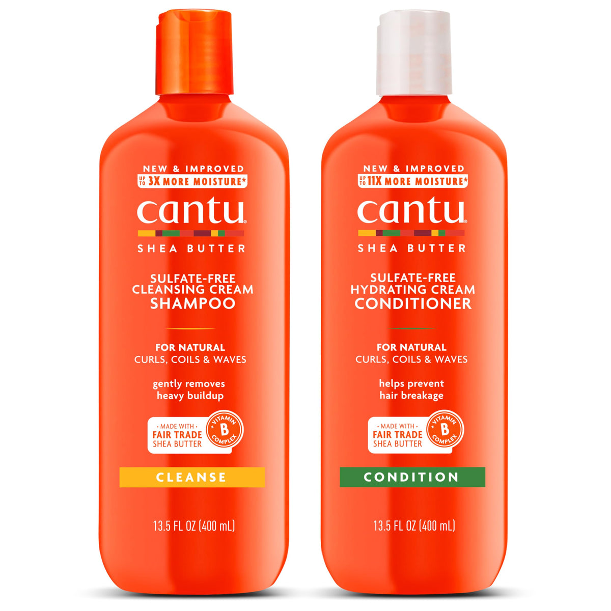 Cantu front packaging of shampoo and conditioner showing duo and benefits
