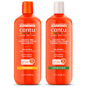 Cantu front packaging of shampoo and conditioner showing duo and benefits