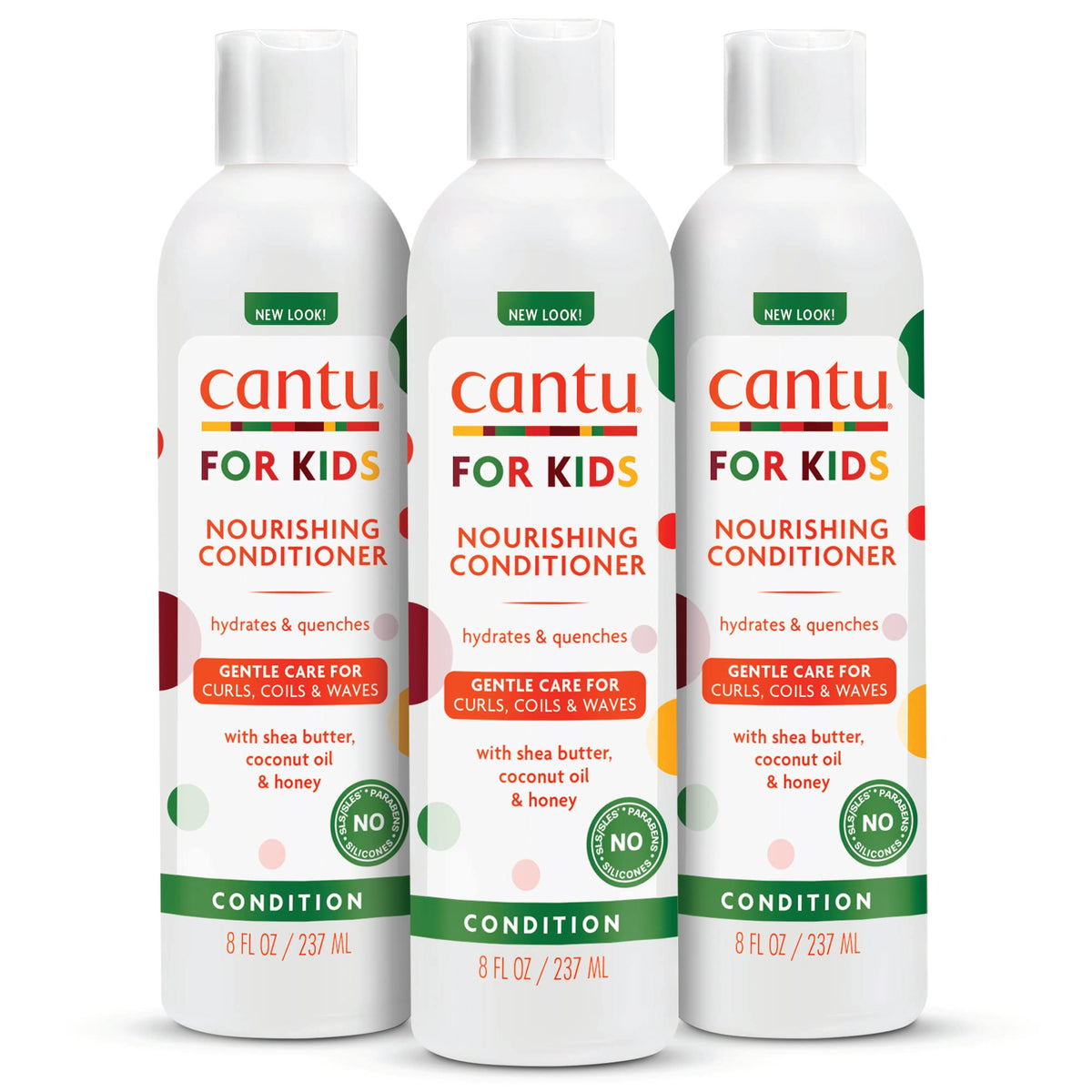 Cantu front packaging showing three 8 fl oz bottles and product benefits