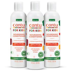 Cantu front packaging showing three 8 fl oz bottles and product benefits
