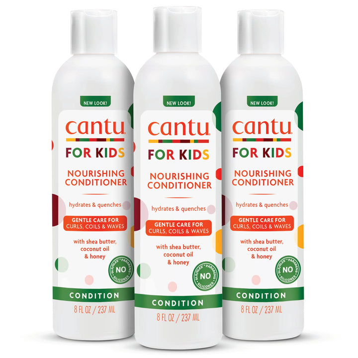 Cantu front packaging showing three 8 fl oz bottles and product benefits
