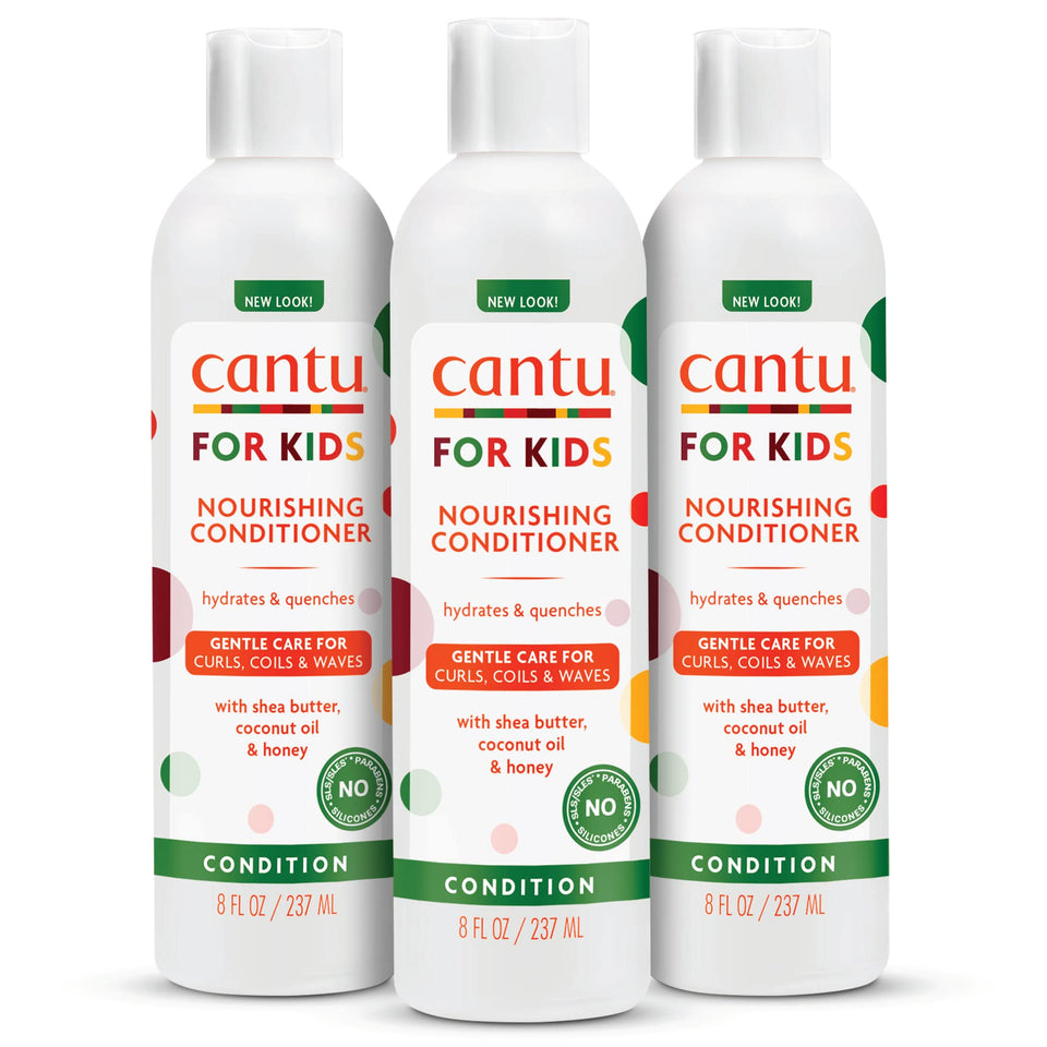 Cantu front packaging showing three 8 fl oz bottles and product benefits
