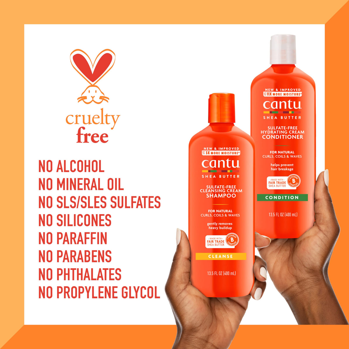 Cantu bottles in hand to show 13.5 fl oz size and scale for shoppers