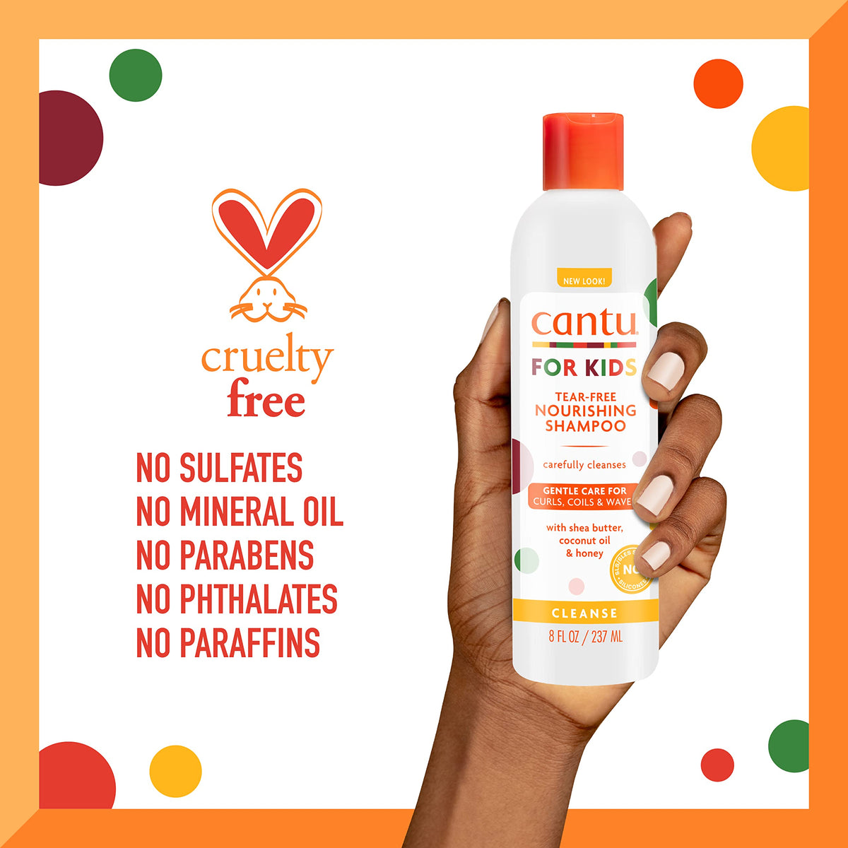 Cantu bottle next to hand to show 8 fl oz scale and portioning benefit