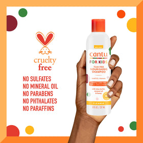 Cantu bottle next to hand to show 8 fl oz scale and portioning benefit