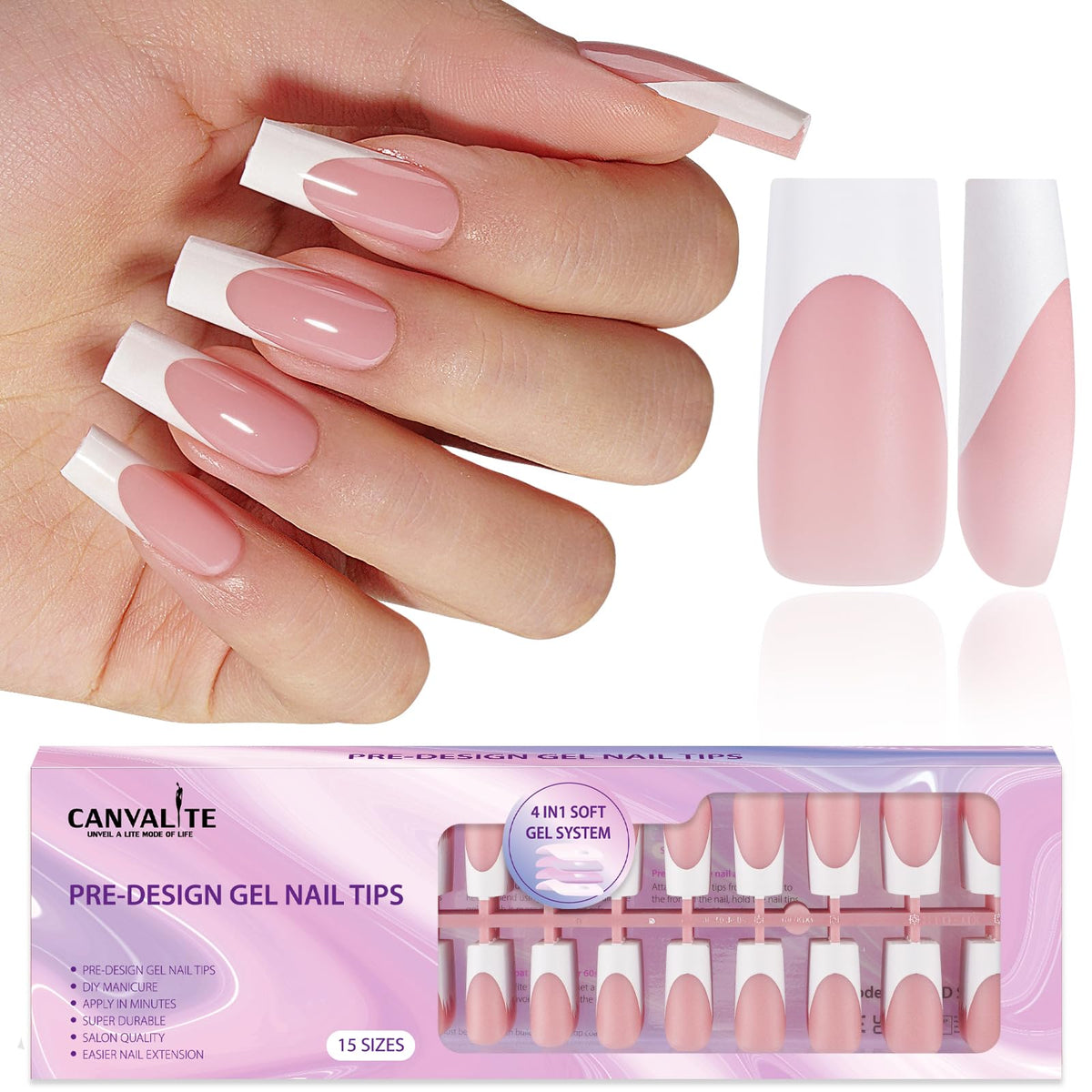 CANVALITE front packaging showing 300-piece French tip kit and quick application benefit