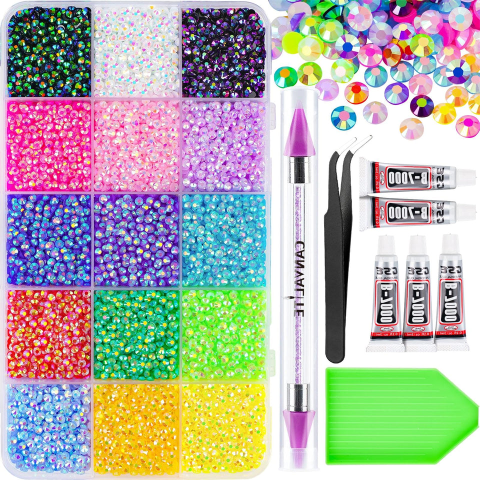 CANVALITE front packaging showing 18000 multicolor rhinestones and tools for easy crafting