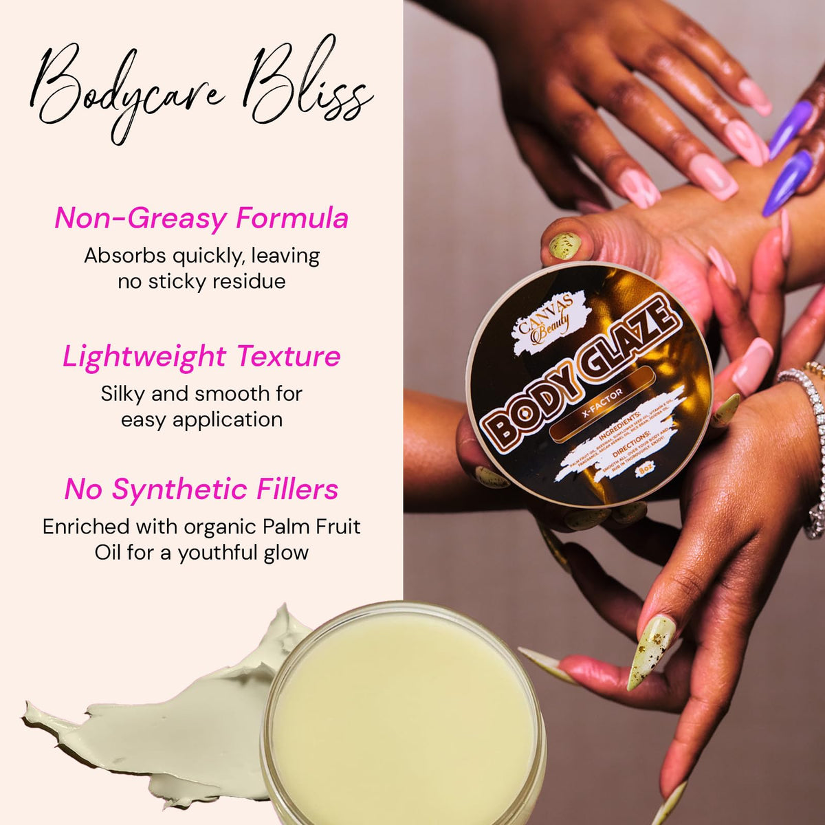 Canvas Beauty application on arm showing smooth absorption and hydrated finish