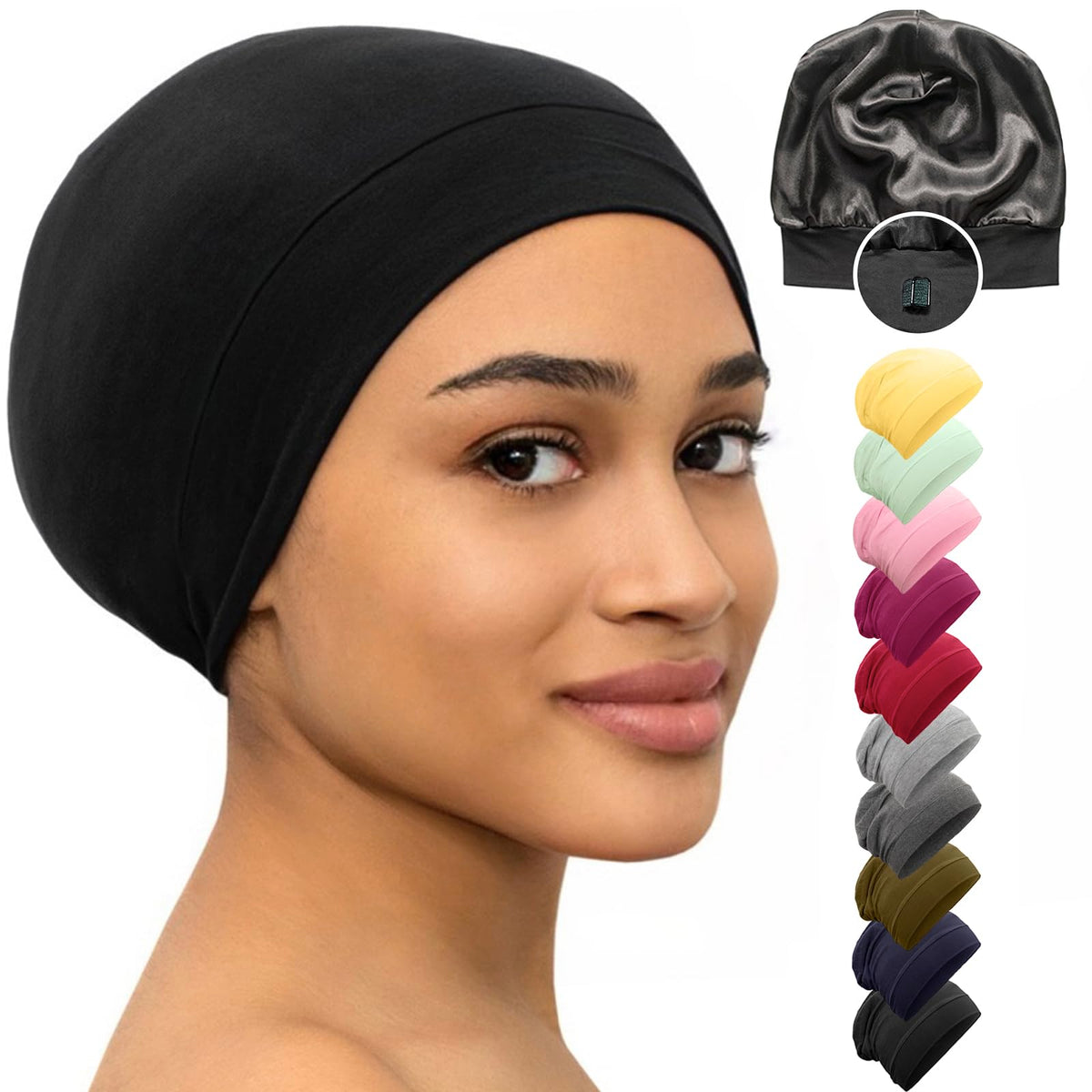 CAPLORD front packaging showing satin bonnet and features for hair protection