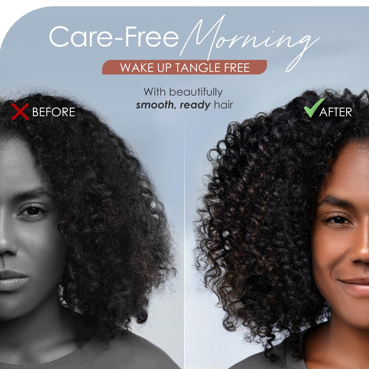 CAPLORD model wearing bonnet with curly hair demonstrating overnight protection