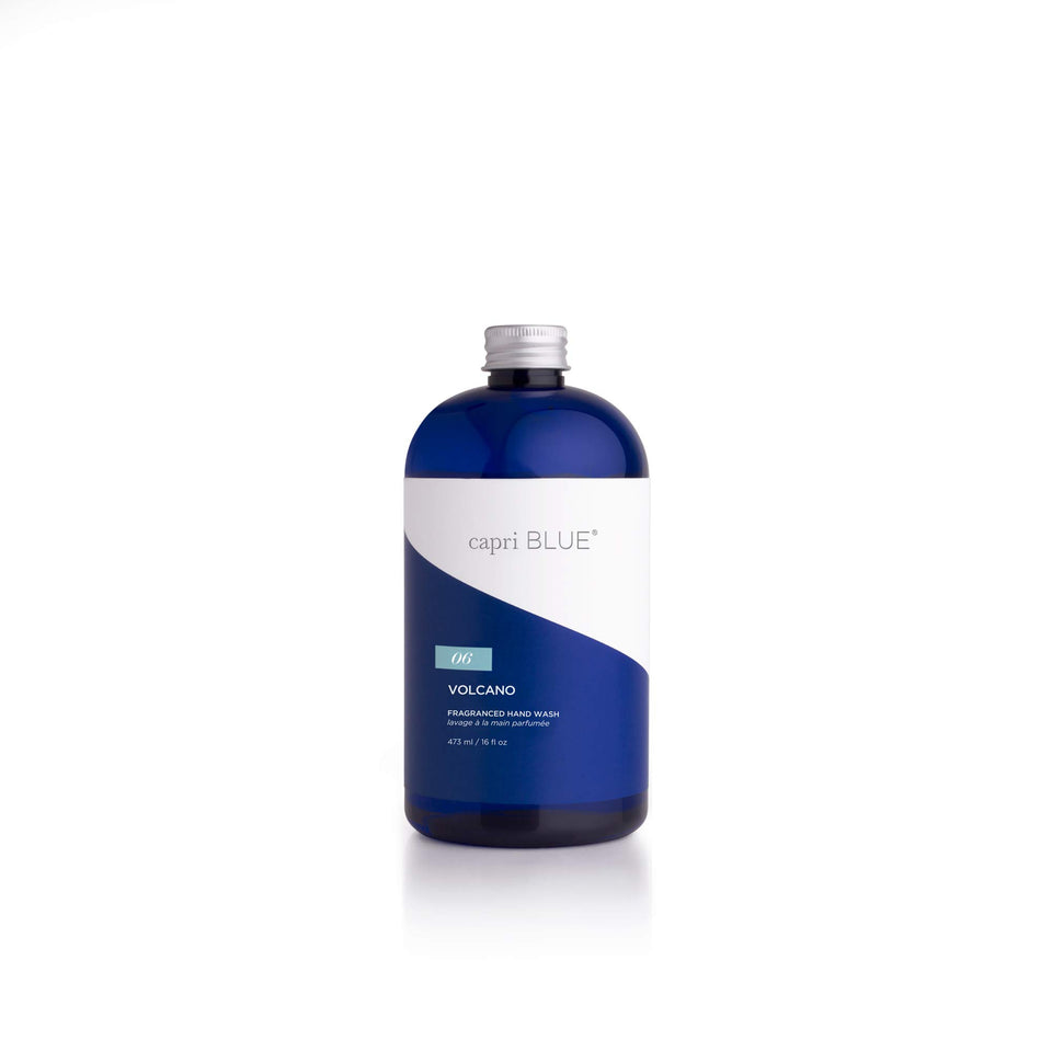 Capri Blue volcano refill front bottle showing full label and cobalt packaging benefit: easy refill