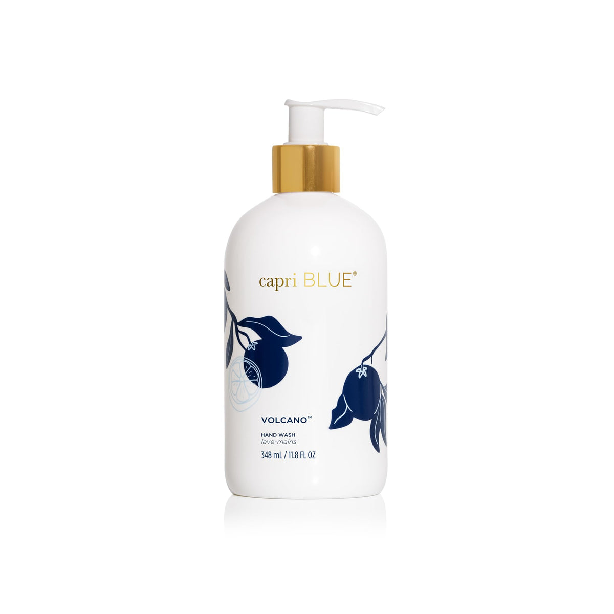 Capri Blue Volcano front bottle on sink displaying decorative label and elegant design