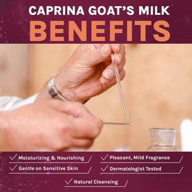 Caprina by Canus label and ingredient panel showing fresh goat milk and simple formulation benefits