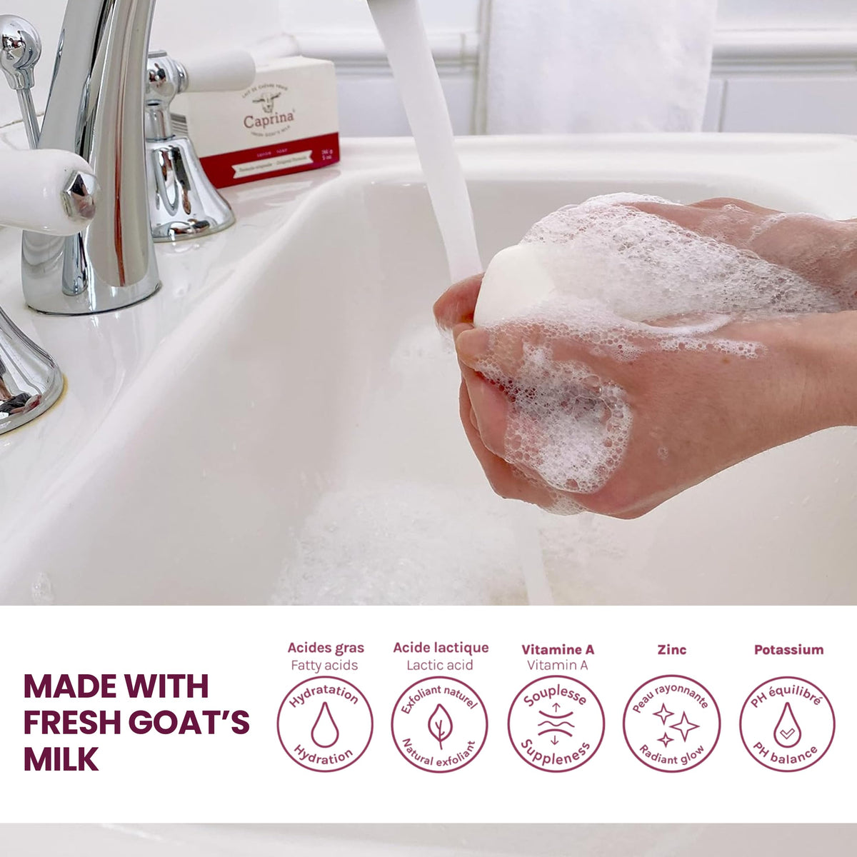 Caprina creamy lather close-up demonstrating moisturizing goat milk benefit