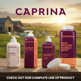 Caprina label and ingredients closeup showing fresh goat milk and natural formula benefit