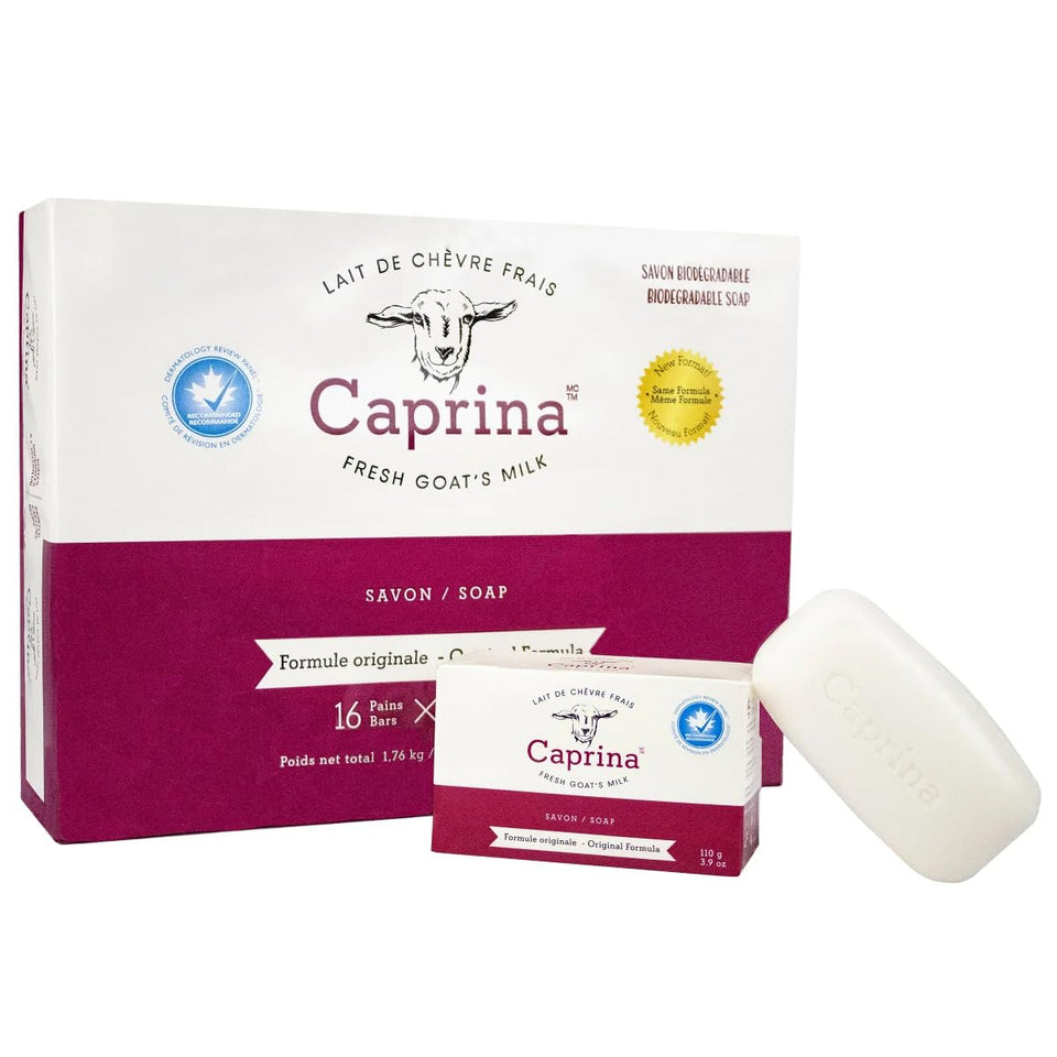 Caprina front packaging showing 16 bars and gentle clean fragrance benefit