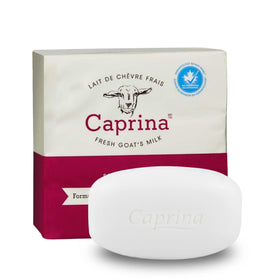 Caprina front packaging showing Original goat milk soap and benefits