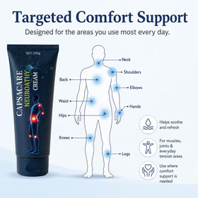 Rubbing Capsacare on knee to show joint-area coverage and comfortable warming-cooling sensation