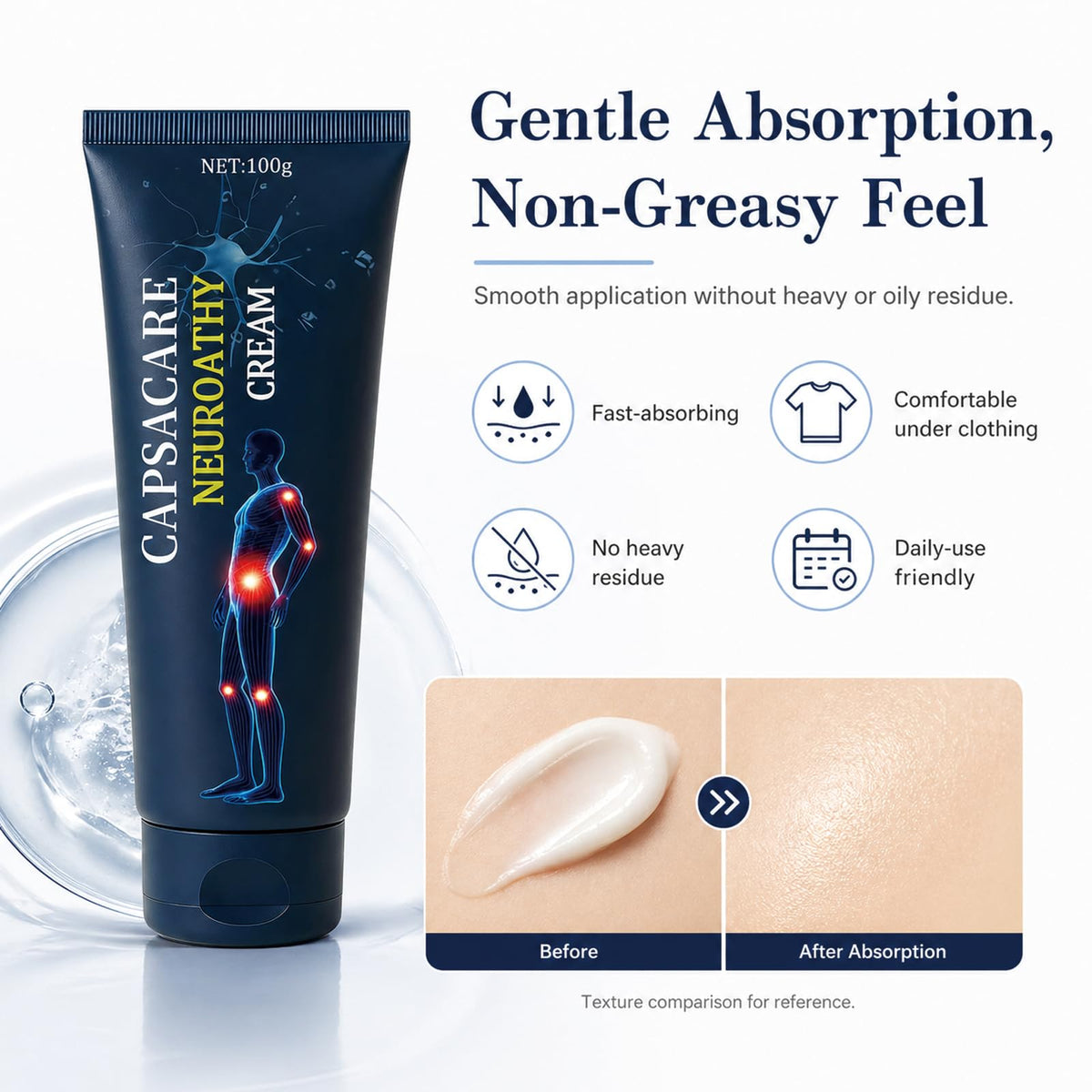 Capsacare tube next to a hand to show 100g size and portability for everyday and travel use
