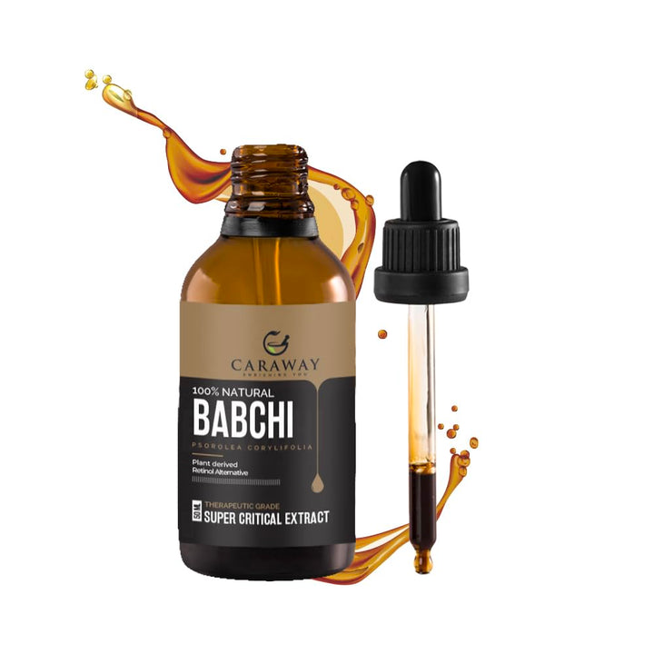 CARAWAY bakuchi oil front bottle showing pure extract and packaging benefits