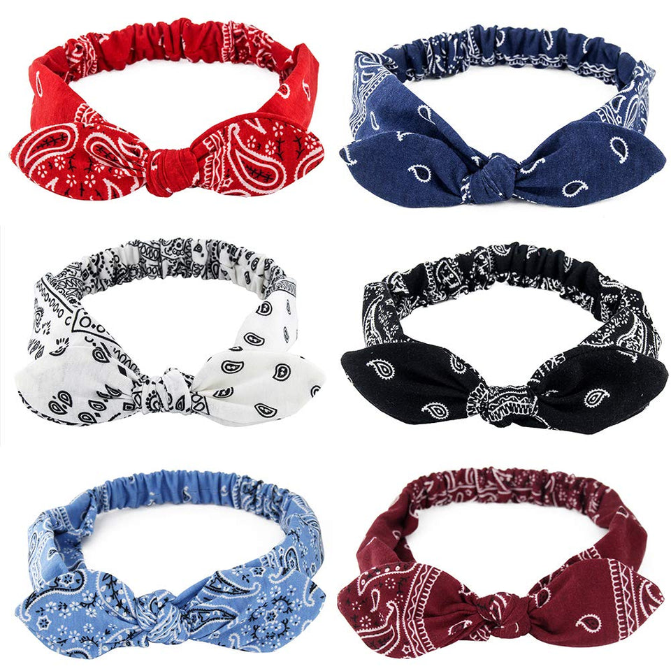 Carede front view of six paisley headbands showing colors and packaging benefit