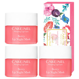 CARE:NEL front packaging of berry lip mask trio showing compact travel pots and brand